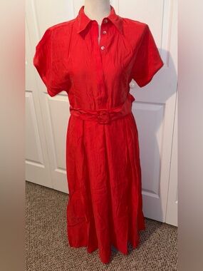 Mango Coral Belted Midi Dress